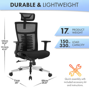 Office Chair Premium Ergonomic Mesh Seat, 3D Armrests, Headrest & Lumbar Support, 3-Angle Locking (Black)