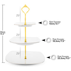 Nyxi 3 Tier Cake Stand White Ceramic Square Plates - Gold Crown Fittings