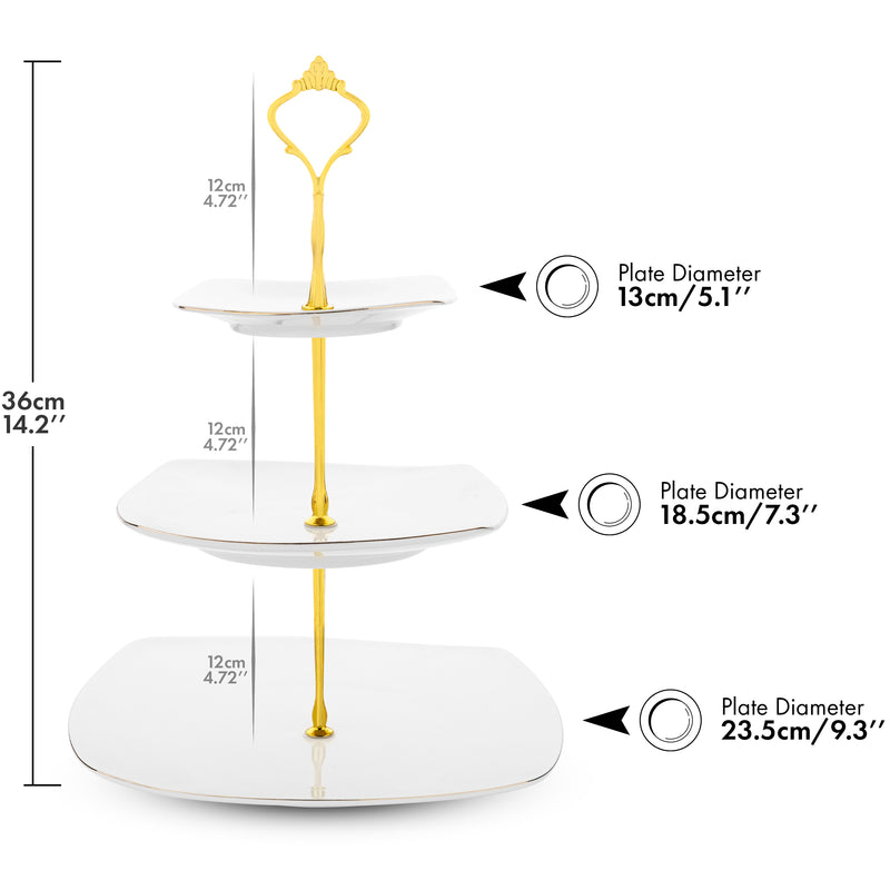 Nyxi 3 Tier Cake Stand White Ceramic Square Plates - Gold Crown Fittings