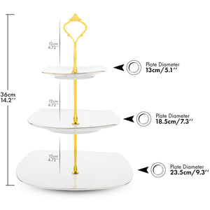 3 Tier Cake Stand White Ceramic Square Plates - Gold Crown Fittings