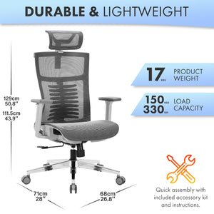 Office Chair Premium Ergonomic Mesh Seat, 3D Armrests, Headrest & Lumbar Support, 3-Angle Locking (Grey)