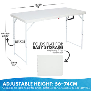 Nyxi 4ft Folding Table – Adjustable Height (56-74cm) White Top & Legs Sturdy, Waterproof & Portable