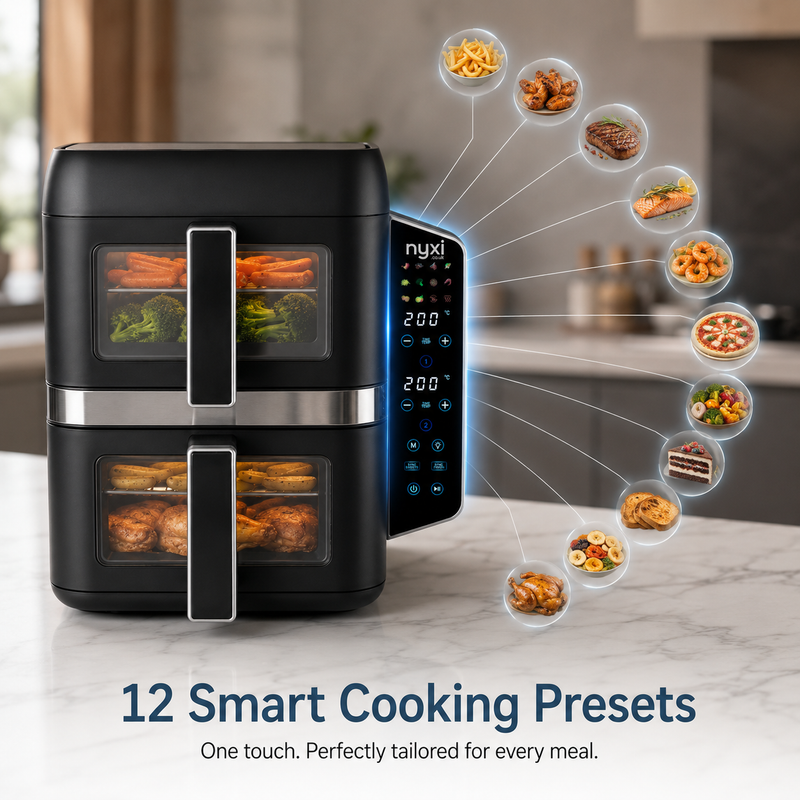 Nyxi 9L Stacked Dual Basket Air Fryer - 2 x 4.5L, 12 Modes, 2400W, Sync Finish - Black