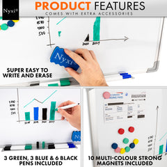 Nyxi Whiteboard 90cm X 60cm with 6 X Markers 10 Magnets 1 X Duster