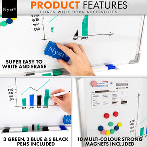 Whiteboard 90cm X 60cm with 6 X Markers 10 Magnets 1 X Duster