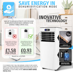 Nyxi 9000 BTU Portable Air Conditioner 3-in-1 AC, Cooling Fan & 24L/Day Dehumidifier, Remote Control, Window Kit, 24Hr Timer, Energy Class A