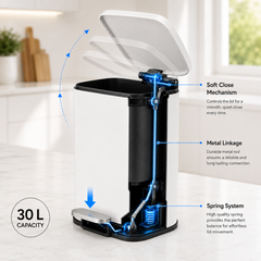 Nyxi 30L Stainless Steel Pedal Bin with Soft-Close Lid, Fingerprint Resistant - White