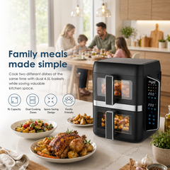 Nyxi 9L Stacked Dual Basket Air Fryer - 2 x 4.5L, 12 Modes, 2400W, Sync Finish - Black