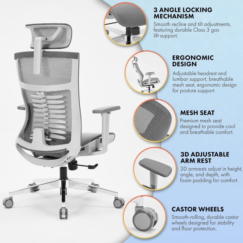 Nyxi Office Chair Premium Ergonomic Mesh Seat, 3D Armrests, Headrest & Lumbar Support, 3-Angle Locking (Grey)