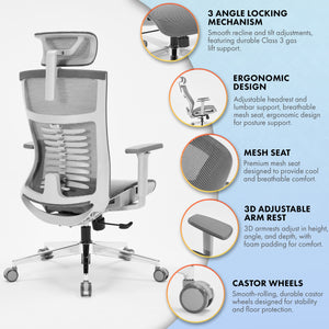 Office Chair Premium Ergonomic Mesh Seat, 3D Armrests, Headrest & Lumbar Support, 3-Angle Locking (Grey)