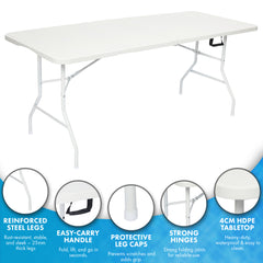 Nyxi 6ft Folding Table – Heavy-Duty & Waterproof (180x74cm) All-White Portable Table