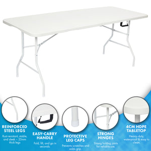 Nyxi 6ft Folding Table – Heavy-Duty & Waterproof (180x74cm) All-White Portable Table