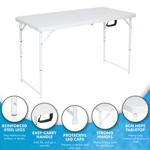Nyxi 4ft Folding Table – Adjustable Height (56-74cm) White Top & Legs Sturdy, Waterproof & Portable
