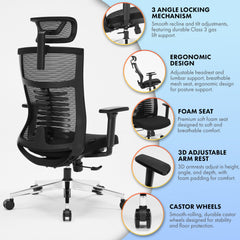 Nyxi Office Chair Premium Ergonomic Foam Seat, 3D Armrests, Headrest & Lumbar Support, 3-Angle Locking (Black)