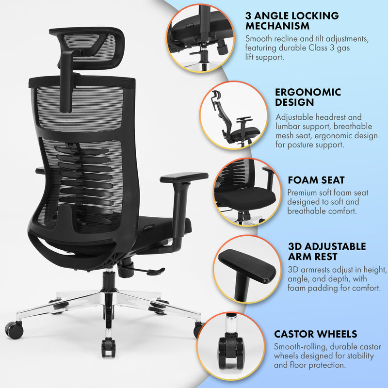 Nyxi Office Chair Premium Ergonomic Foam Seat, 3D Armrests, Headrest & Lumbar Support, 3-Angle Locking (Black)