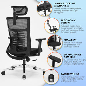 Office Chair Premium Ergonomic Foam Seat, 3D Armrests, Headrest & Lumbar Support, 3-Angle Locking (Black)