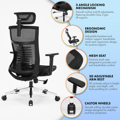 Nyxi Office Chair Premium Ergonomic Mesh Seat, 3D Armrests, Headrest & Lumbar Support, 3-Angle Locking (Black)