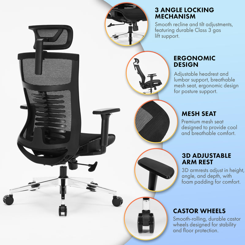 Nyxi Office Chair Premium Ergonomic Mesh Seat, 3D Armrests, Headrest & Lumbar Support, 3-Angle Locking (Black)