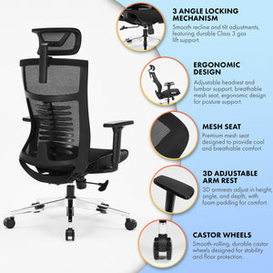 Office Chair Premium Ergonomic Mesh Seat, 3D Armrests, Headrest & Lumbar Support, 3-Angle Locking (Black)