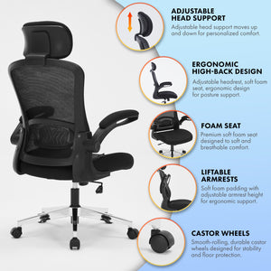 Ergonomic Office Chair for Work, Computer Desk & Study, High Back Mesh Chair with Foldable Armrests (Black, Model 744)