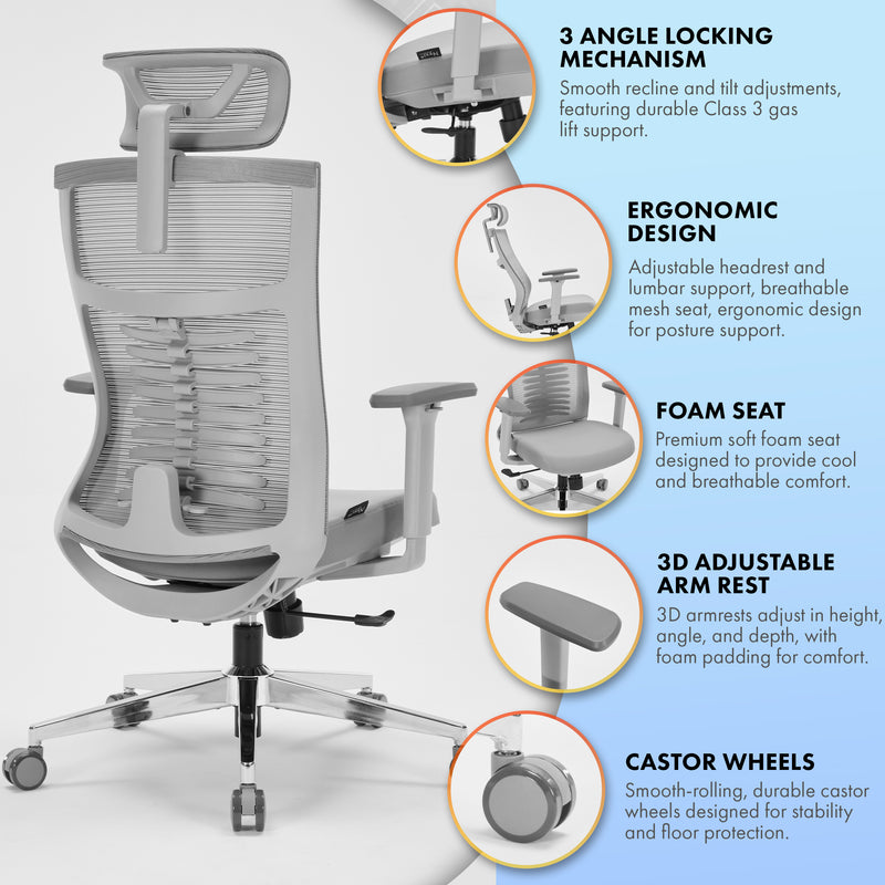 Nyxi Office Chair Premium Ergonomic Foam Seat, 3D Armrests, Headrest & Lumbar Support, 3-Angle Locking (Grey)