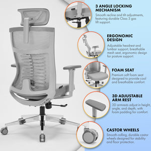 Office Chair Premium Ergonomic Foam Seat, 3D Armrests, Headrest & Lumbar Support, 3-Angle Locking (Grey)