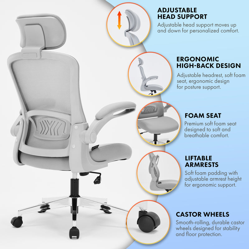 Nyxi Ergonomic Office Chair for Work, Computer Desk & Study, High Back Mesh Chair with Foldable Armrests (Grey, Model 751)