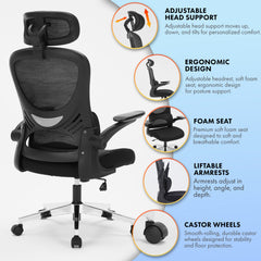 Nyxi Office Chair Ergonomic Computer Desk, Work & Study Chair, High Mesh Back, Foldable 3D Armrests (Black, Model 768)