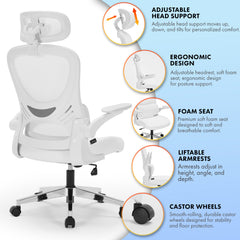 Nyxi Office Chair Ergonomic Computer Desk, Work & Study Chair, High Mesh Back, Foldable 3D Armrests (White, Model 782)