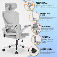 Nyxi Office Chair Ergonomic Computer Desk, Work & Study Chair, High Mesh Back, Foldable 3D Armrests (Grey, Model 775)