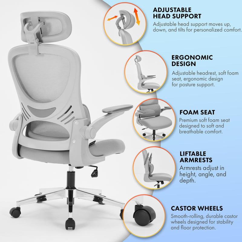 Nyxi Office Chair Ergonomic Computer Desk, Work & Study Chair, High Mesh Back, Foldable 3D Armrests (Grey, Model 775)