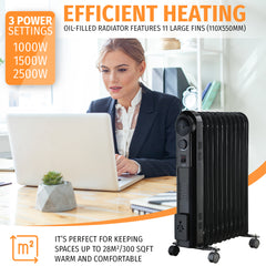 Nyxi 11-Fin Oil Filled 2500W Heater Radiator 3 Power Settings (Black, Model 3898)