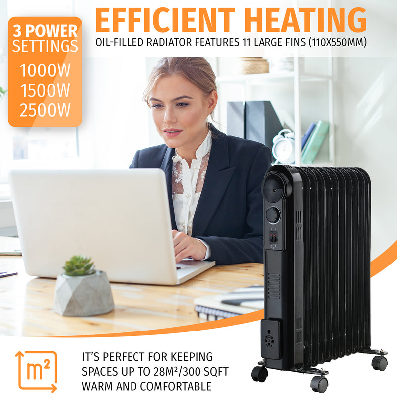 Nyxi 11-Fin Oil Filled 2500W Heater Radiator 3 Power Settings (Black, Model 3898)