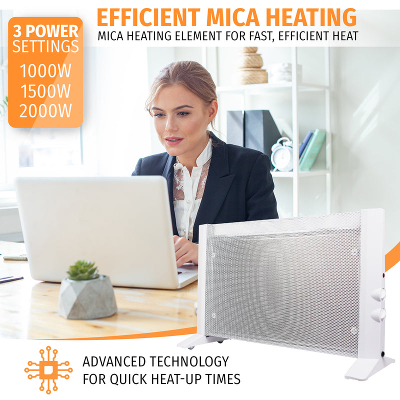 Nyxi Mica Panel Electric Heater 2000W Free Standing 3 Heat Settings (White)