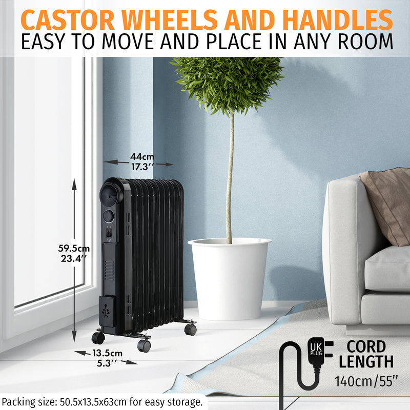 Nyxi 11-Fin Oil Filled 2500W Heater Radiator 3 Power Settings (Black, Model 3898)