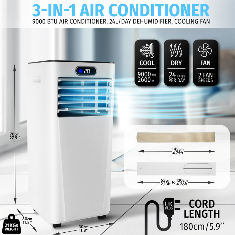 Nyxi 9000 BTU Portable Air Conditioner 3-in-1 AC, Cooling Fan & 24L/Day Dehumidifier, Remote Control, Window Kit, 24Hr Timer, Energy Class A