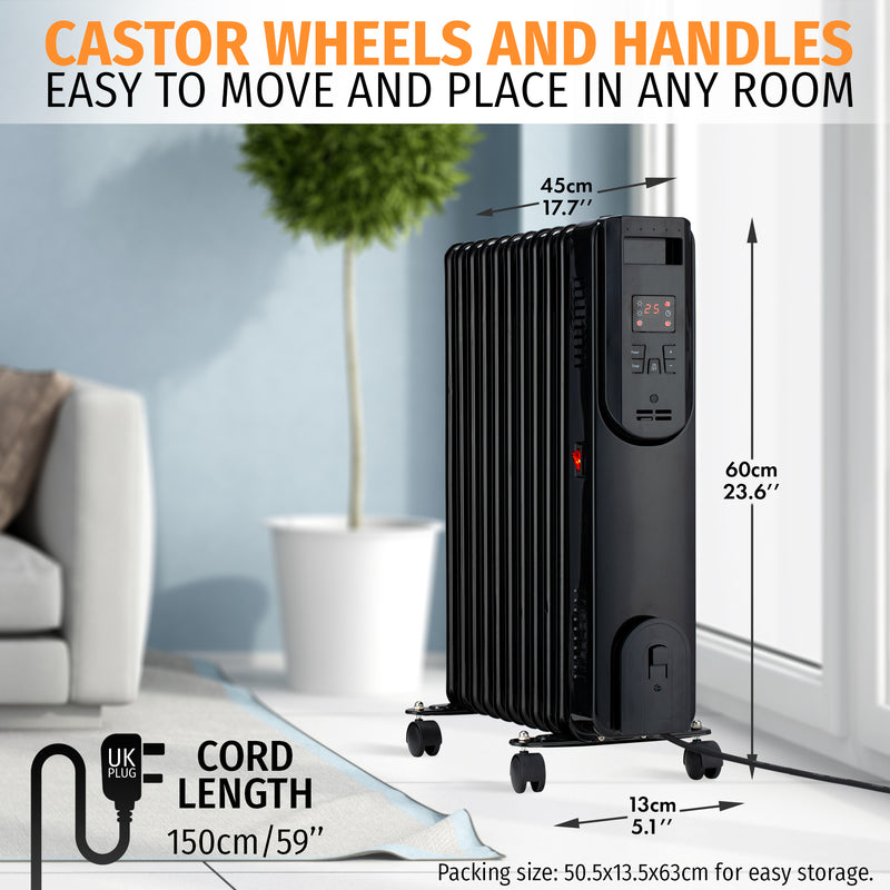 Nyxi 11-Fin Oil Filled Heater 2500W with Remote Control 3 Power Settings (Black, Model 3843)
