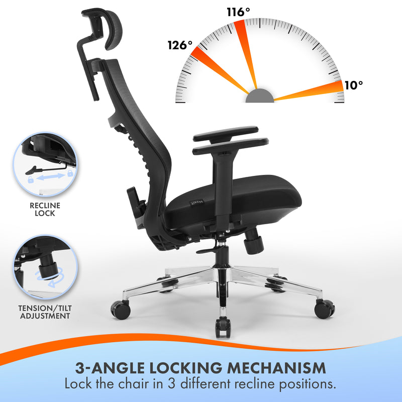 Nyxi Office Chair Premium Ergonomic Foam Seat, 3D Armrests, Headrest & Lumbar Support, 3-Angle Locking (Black)