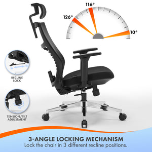 Office Chair Premium Ergonomic Foam Seat, 3D Armrests, Headrest & Lumbar Support, 3-Angle Locking (Black)