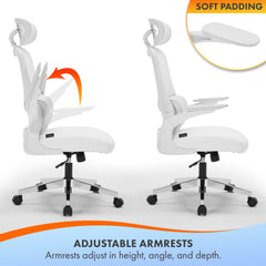 Nyxi Office Chair Ergonomic Computer Desk, Work & Study Chair, High Mesh Back, Foldable 3D Armrests (White, Model 782)