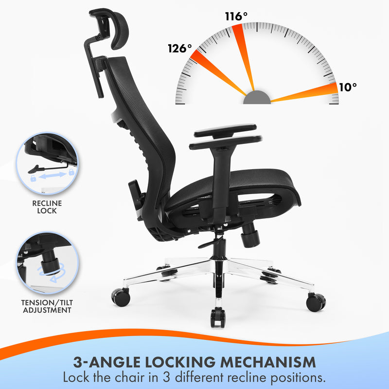 Nyxi Office Chair Premium Ergonomic Mesh Seat, 3D Armrests, Headrest & Lumbar Support, 3-Angle Locking (Black)