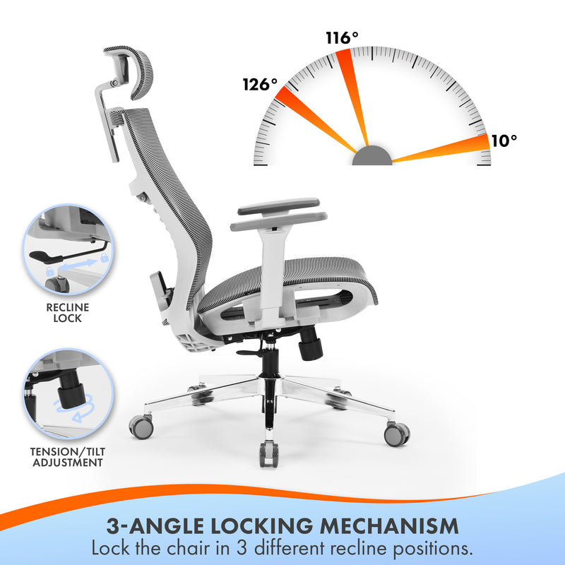 Nyxi Office Chair Premium Ergonomic Mesh Seat, 3D Armrests, Headrest & Lumbar Support, 3-Angle Locking (Grey)