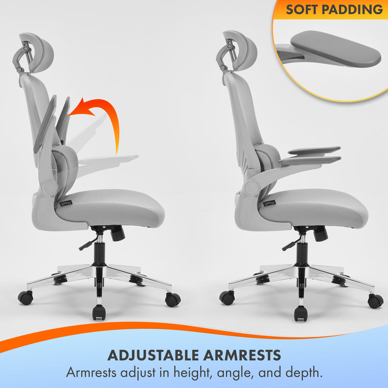Nyxi Office Chair Ergonomic Computer Desk, Work & Study Chair, High Mesh Back, Foldable 3D Armrests (Grey, Model 775)