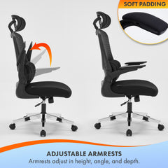 Nyxi Office Chair Ergonomic Computer Desk, Work & Study Chair, High Mesh Back, Foldable 3D Armrests (Black, Model 768)