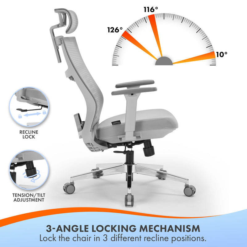 Nyxi Office Chair Premium Ergonomic Foam Seat, 3D Armrests, Headrest & Lumbar Support, 3-Angle Locking (Grey)