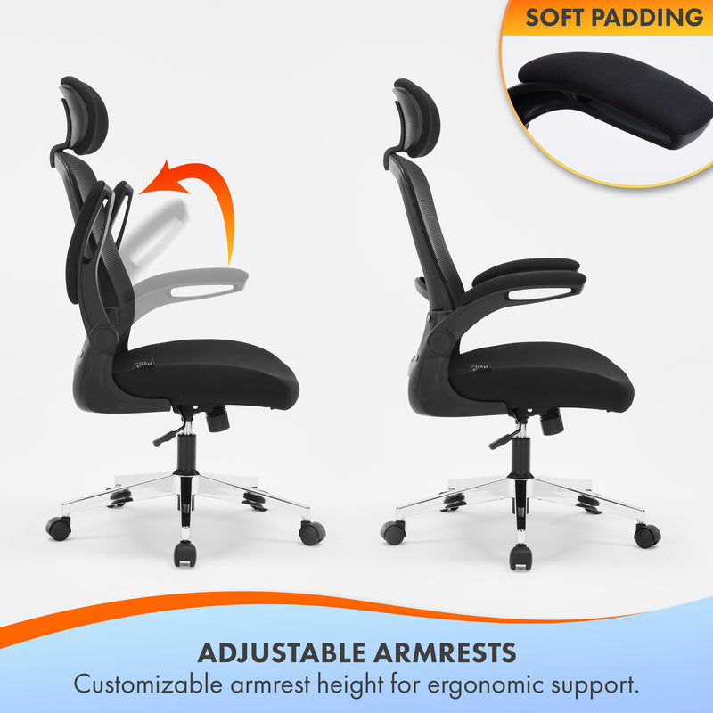 Nyxi Ergonomic Office Chair for Work, Computer Desk & Study, High Back Mesh Chair with Foldable Armrests (Black, Model 744)