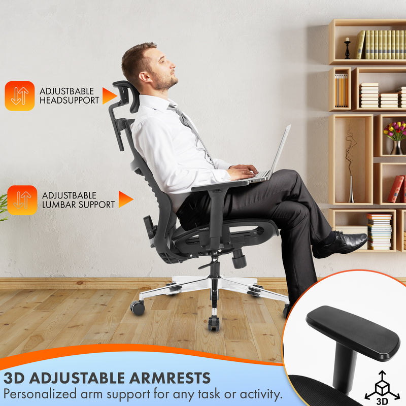 Nyxi Office Chair Premium Ergonomic Mesh Seat, 3D Armrests, Headrest & Lumbar Support, 3-Angle Locking (Black)