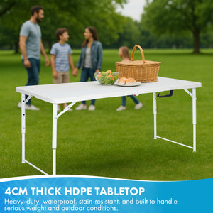 Nyxi 4ft Folding Table – Adjustable Height (56-74cm) White Top & Legs Sturdy, Waterproof & Portable