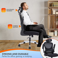 Nyxi Office Chair Ergonomic Computer Desk, Work & Study Chair, High Mesh Back, Foldable 3D Armrests (Black, Model 768)