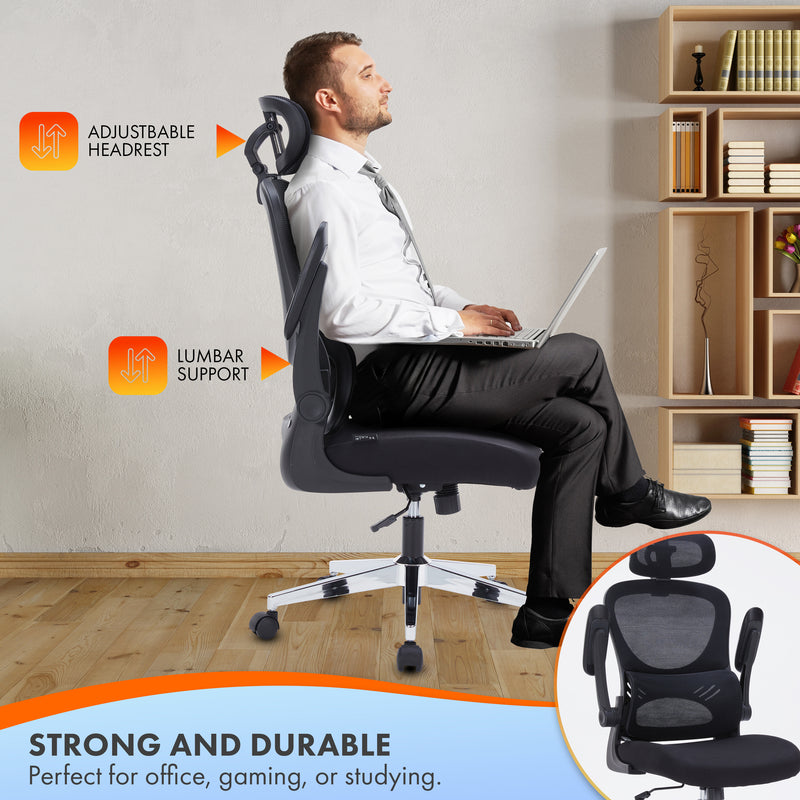 Nyxi Office Chair Ergonomic Computer Desk, Work & Study Chair, High Mesh Back, Foldable 3D Armrests (Black, Model 768)